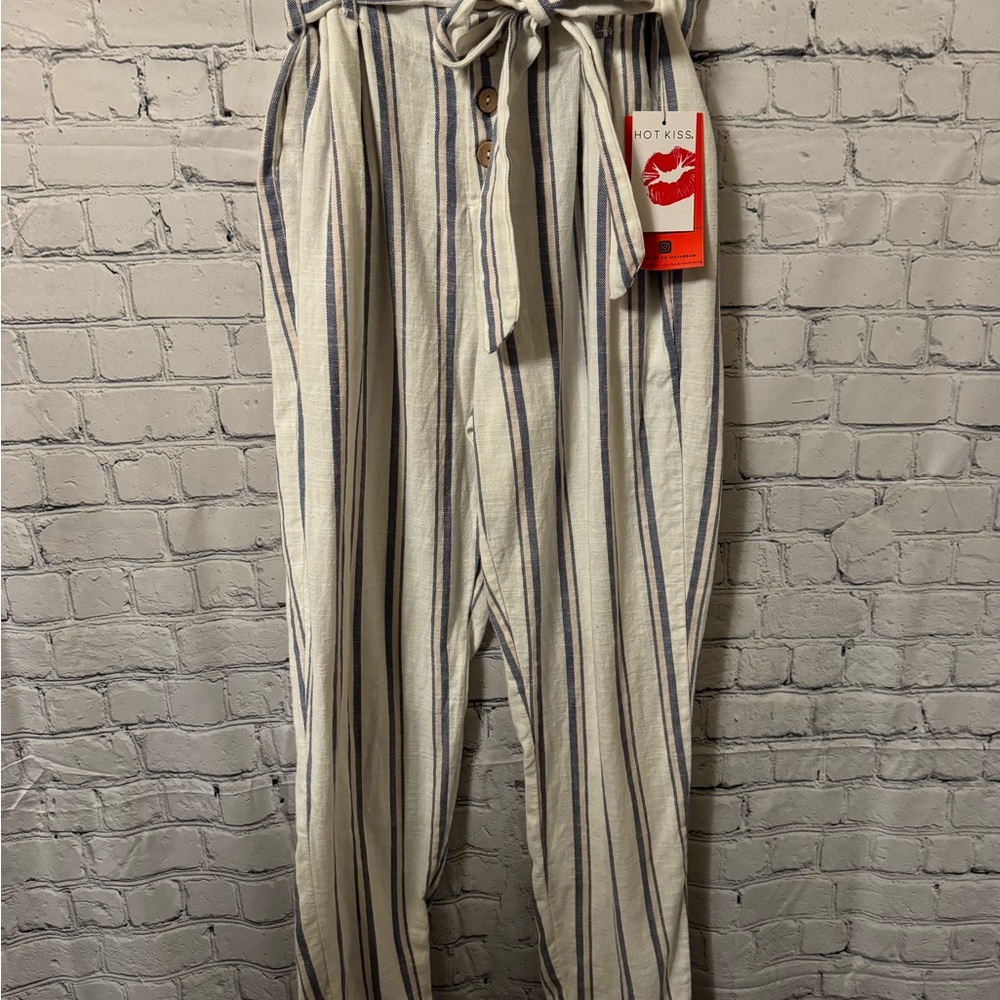 Hot Kiss Cream and Blue Cropped Pants with Stripes
